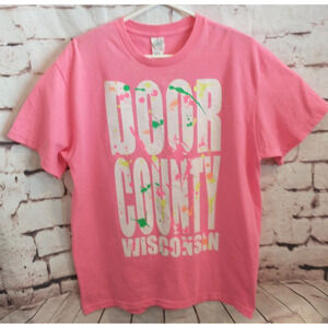 Vintage 80s Mens Sz Large Door County Neon Pink Short sleeve T Shirt Tee Delta